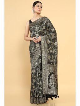 Soch - Women Black Silk Woven Saree with Unstitched Blouse