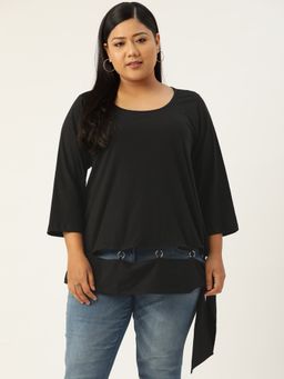 theRebelinme - Plus Size Women Black Solid Color Top with Ring Detail at Bottom