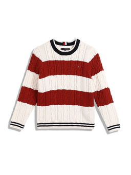 Tommy Hilfiger - Girls White and Red Colorblock Cable Regular Sweater