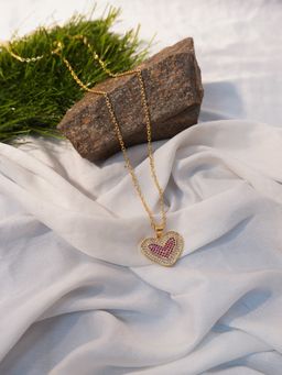 Niscka - Golden Pink Cubic Zircons Heart Studded Chain Pendant