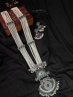 Niscka - Magnificent Silver Oxidized Long Necklace & Earrings Studded Green Kundan with White Beads