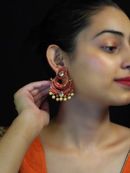 Niscka - Gold Plated Red Fancy Meenakari Kundan Earring