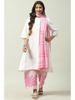 Biba - White And Pink Straight Suit (Set of 3)