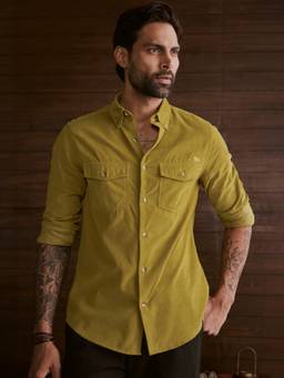 Andamen - Mustard Men Cotton Tencel Corduroy Regular Fit Shirt