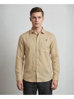 LINENWEAR - Men Beige Linen Solid Regular Fit Shirt