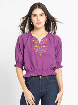 SHAYE - Round Neck Purple Embroidered Short Sleeves Casual Top