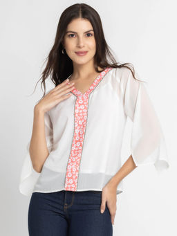 SHAYE - V-Neck White Floral Print Three-Quarter Sleeves Casual Top