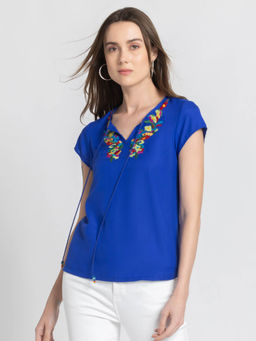 SHAYE - V-Neck Cobalt Blue Embroidered Short Sleeves Casual Top