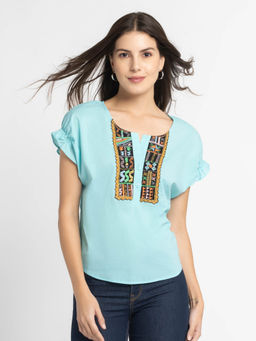 SHAYE - Round Neck Blue Embroidered Short Sleeves Casual Top