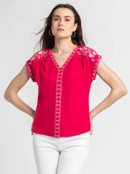 SHAYE - V-Neck Pink Embroidered Short Sleeves Casual Top