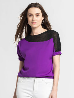 SHAYE - Round Neck Purple Solid Short Sleeves Casual Top
