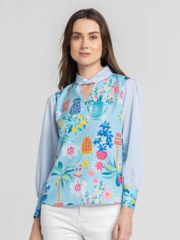 SHAYE - Band Collar Blue Floral Print Long Sleeves Casual Top