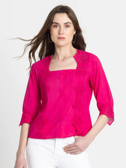 SHAYE - Square Neck Fuchsia Solid Three-Quarter Sleeves Casual Top