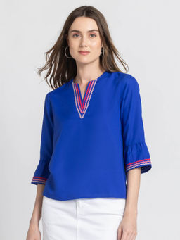 SHAYE - Round Neck Blue Solid Three-Quarter Sleeves Casual Top