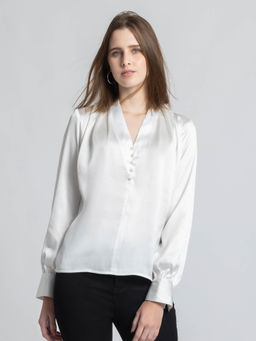 SHAYE - V-Neck White Solid Long Sleeves Party Top