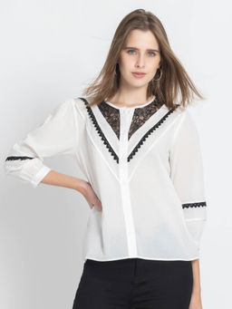 SHAYE - Round Neck White Solid Three-Quarter Sleeves Casual Top
