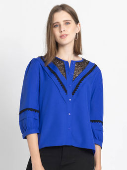 SHAYE - Round Neck Blue Solid Three-Quarter Sleeves Casual Top