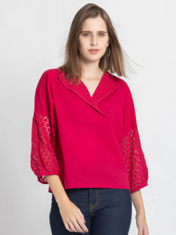 SHAYE - V-Neck Raspberry Pink Solid Three-Quarter Sleeves Casual Top