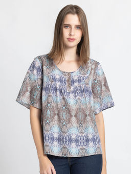 SHAYE - Round Neck Grey Floral Print Short Sleeves Casual Top