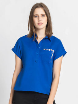 SHAYE - Shirt Collar Cobalt Blue Solid Short Sleeves Casual Top