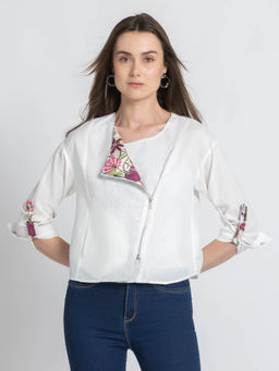 SHAYE - Shawl Collar White Printed Long Sleeves Casual Top