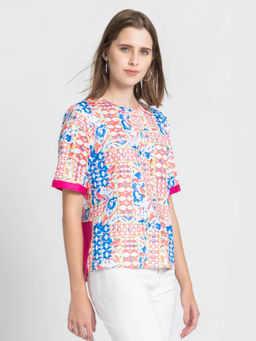 SHAYE - Round Neck Pink Geometric Print Short Sleeves Casual Top