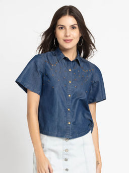 SHAYE - Shirt Collar Blue Solid Short Sleeves Casual Shirt