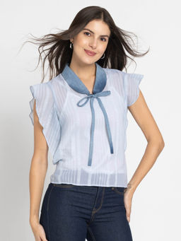 SHAYE - Peter Pan Collar Blue Solid Short Sleeves Casual Top