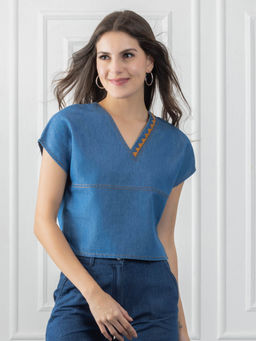 SHAYE - V-Neck Blue Embroidered Short Sleeves Casual Top