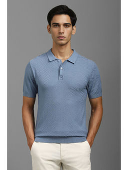 Louis Philippe - Men Blue Textured Collar Neck Polo T-Shirt