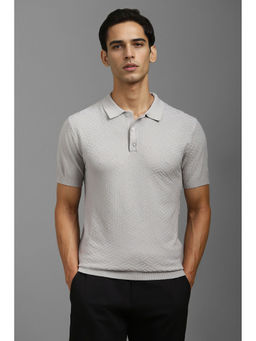 Louis Philippe - Men Grey Textured Collar Neck Polo T-Shirt