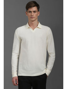 Louis Philippe - Men Cream Textured Collar Neck Polo T-Shirt