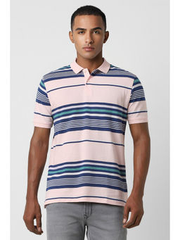 Peter England - Men Pink Stripe Collar Neck Polo T-Shirt