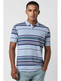 Peter England - Men Blue Stripe Collar Neck Polo T-Shirt