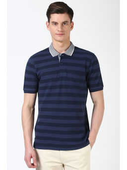 Peter England - Men Navy Blue Stripe Collar Neck Polo T-Shirt