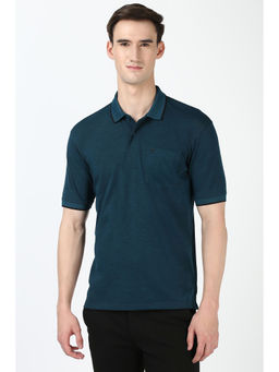 Peter England - Men Blue Textured Collar Neck Polo T-Shirt