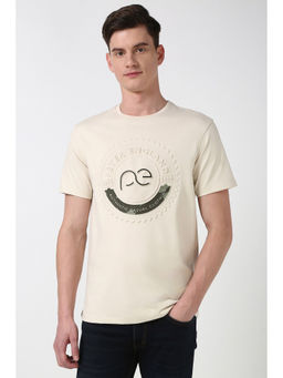Peter England - Men Beige Graphic Print Crew Neck T-Shirt
