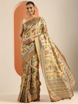 Libas - Silk Blend Printed for Women Beige Saree with Unstitched Blouse