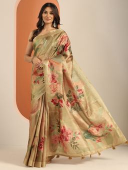 Libas - Silk Blend Beige Printed for Women Saree with Unstitched Blouse