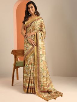 Libas - Silk Blend Printed for Women Beige Saree with Unstitched Blouse