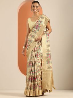 Libas - Silk Blend Printed for Women Beige Saree with Unstitched Blouse