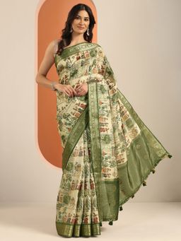 Libas - Silk Blend Printed for Women Green Saree with Unstitched Blouse