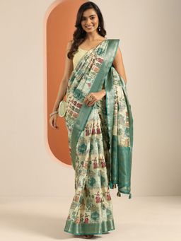 Libas - Silk Blend Printed for Women Turquoise Saree with Unstitched Blouse