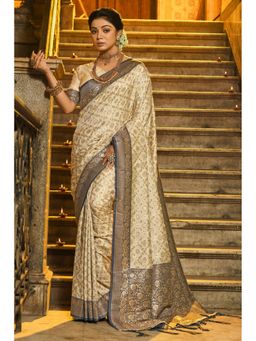 Mysilklove - Parchment Cream Woven Banarasi Saree with Unstitched Blouse
