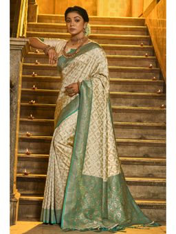 Mysilklove - Oyster Cream Woven Banarasi Saree with Unstitched Blouse