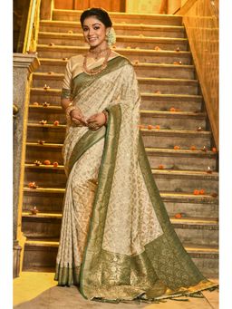 Mysilklove - Oat Cream Woven Banarasi Saree with Unstitched Blouse