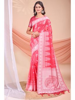 Mysilklove - Bright Rose Pink Woven Linen Cotton Saree with Unstitched Blouse
