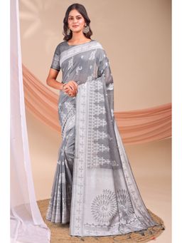 Mysilklove - Grey Woven Linen Cotton Saree with Unstitched Blouse