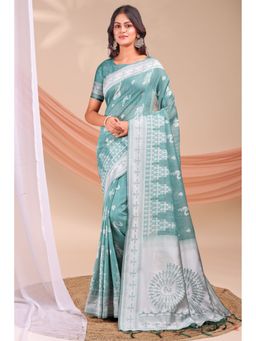 Mysilklove - Pine Green Woven Linen Cotton Saree with Unstitched Blouse