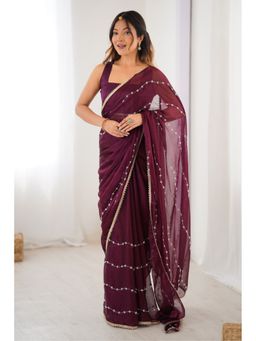 Mysilklove - Wine Purple Chiffon Saree with Unstitched Blouse